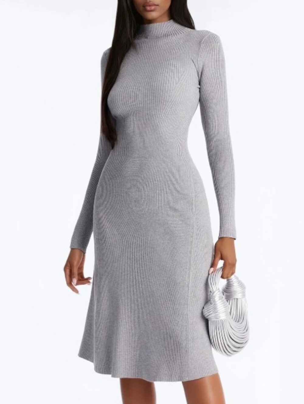 Fashion Nova Ribbed Long Sleeve Midi Dress - Light Gray